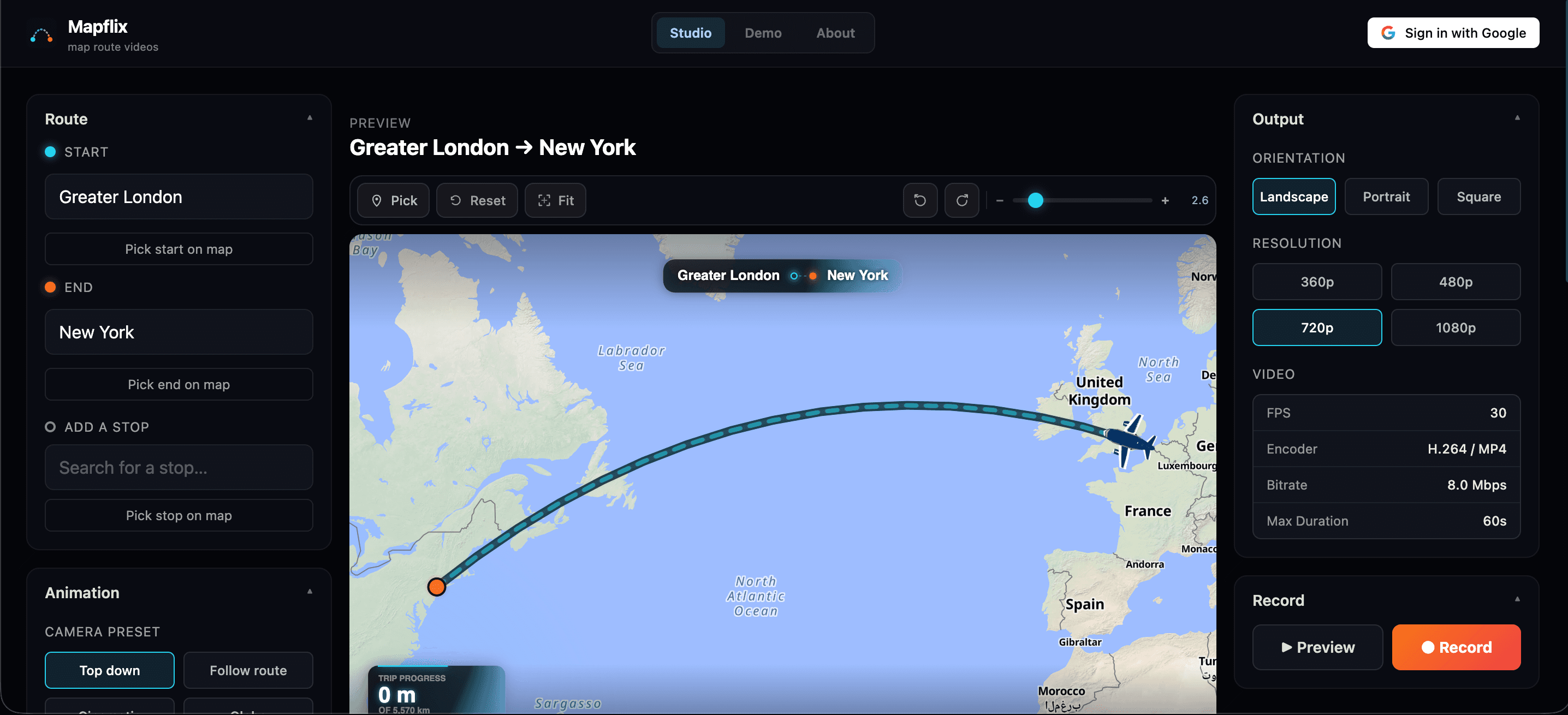 Mapflix browser route animation studio interface