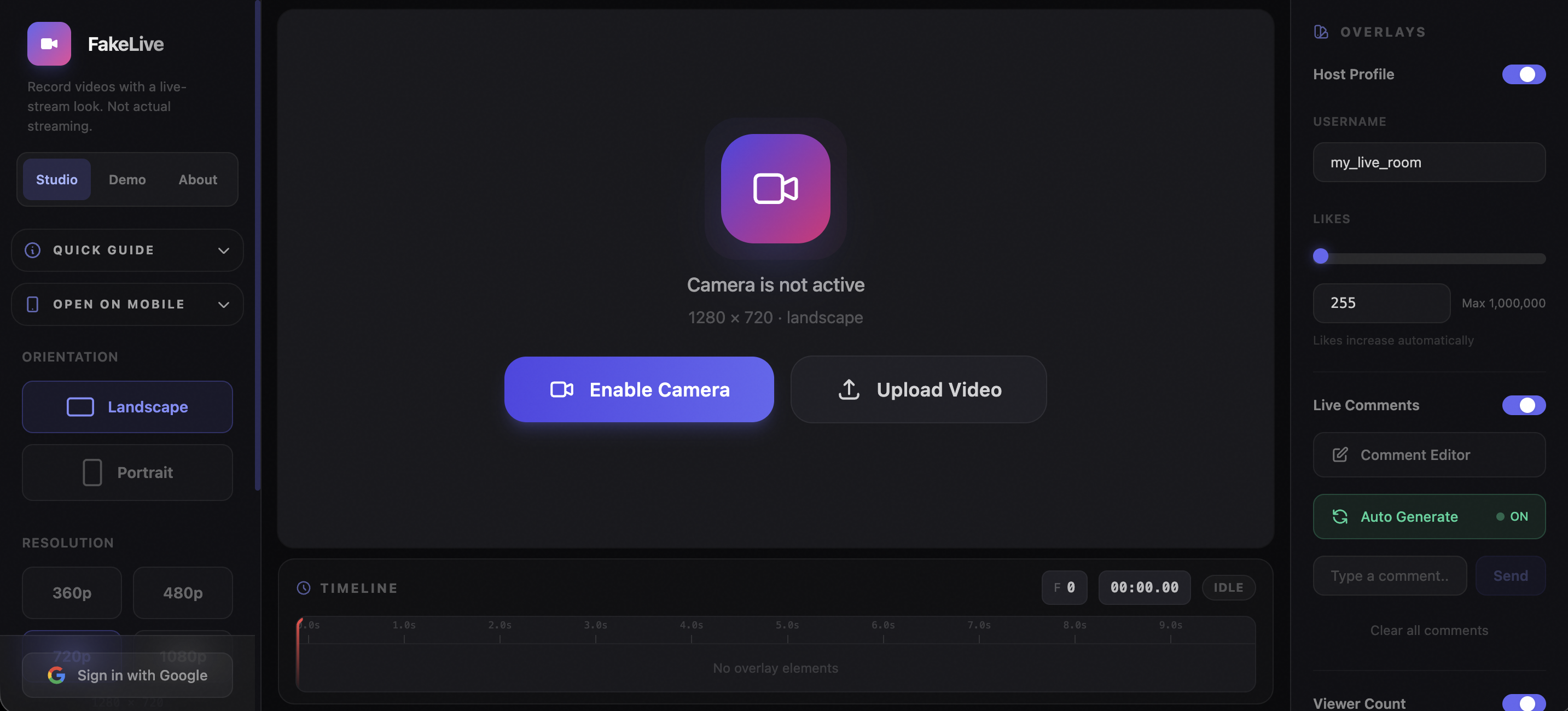 FakeLive browser recording studio interface