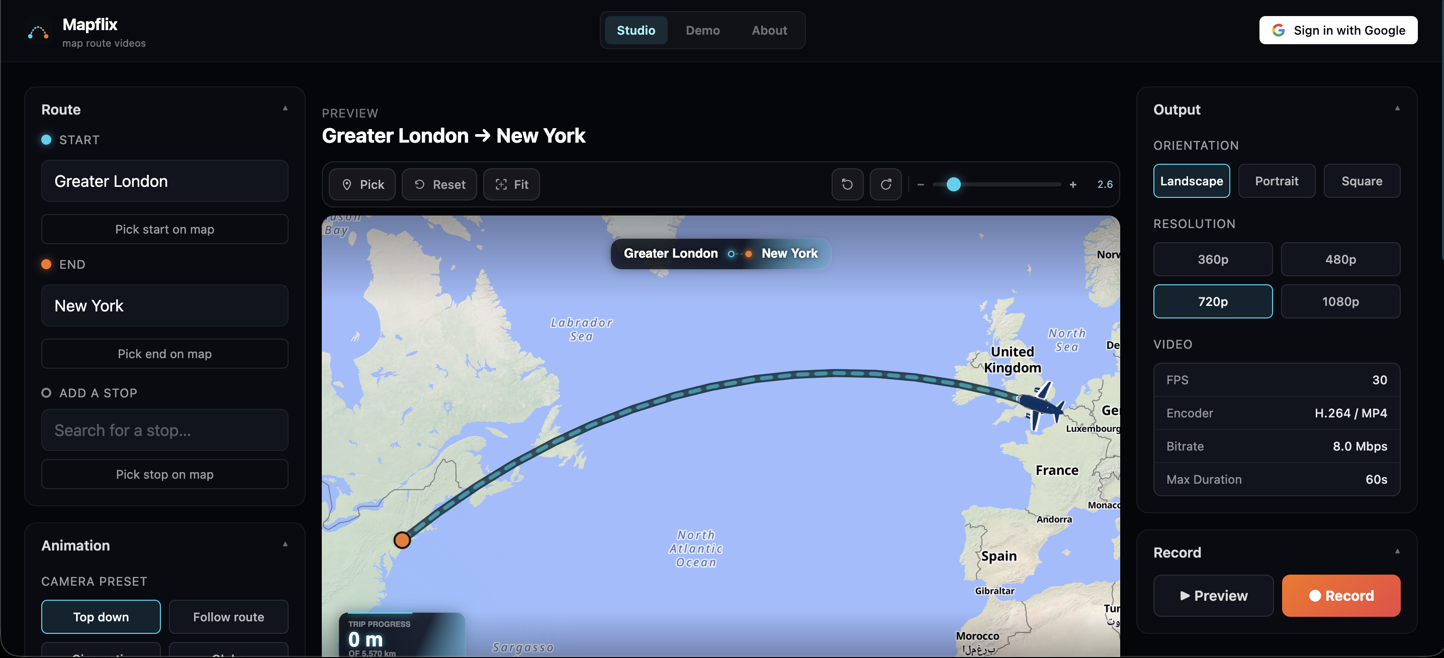 Mapflix browser route animation studio interface